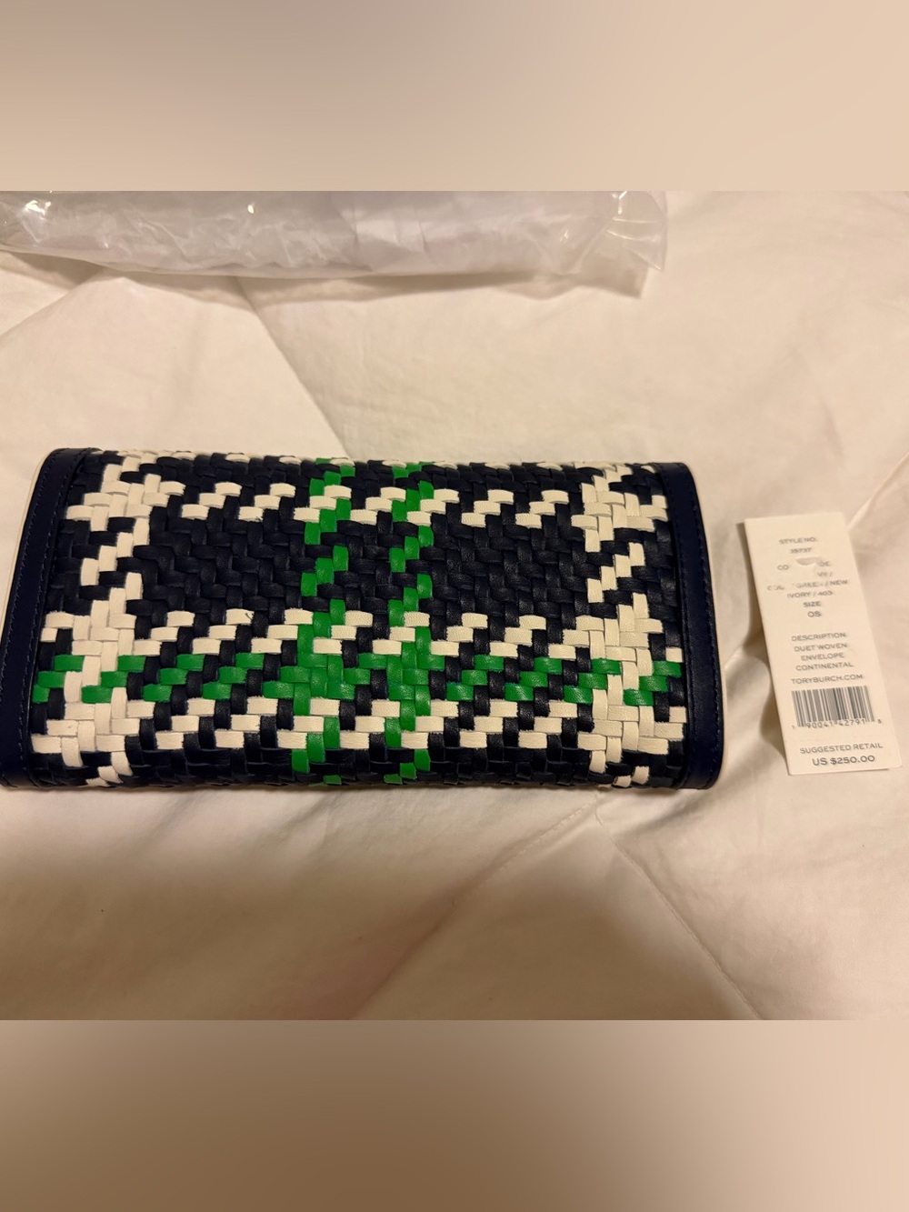 NWT Tory Burch Tote and Wallet Set duet woven in Navy, White & Green Plaid - Picture 9 of 10